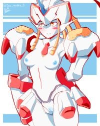 1girls blue_nipples blue_pussy blue_vagina blush boobs breasts darling_in_the_franxx embarrassed embarrassed_nude_female female female_only medium_breasts nipples orange_eyes pussy robot robot_girl shoulder_pads solo solo_female strelizia theironmountain tits vagina white_body