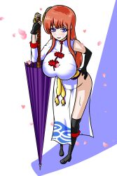 absurd_res aged_up big_breasts black_gloves black_legwear black_thighhighs blue_eyes blush boots bun_cover china_dress chinese_clothes embarrassed female female_only full_body fully_clothed gintama gintama:_be_forever_yorozuya gloves hair_ornament hand_on_hip hi_res high-angle_view huge_breasts kagura_(gintama) leaning_forward long_hair nervous_smile orange_hair pale-skinned_female pale_skin side_slit smile solo standing sweat sweatdrop thighhighs umbrella very_high_resolution