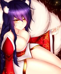 ahri animal_ear_fluff animal_ears animal_girl big_breasts black_hair breasts busty cleavage clothing curves curvy curvy_body curvy_female curvy_figure curvy_hips eyelashes eyeliner eyeshadow facial_markings female fluffy fluffy_ears fluffy_tail fluffy_tails fox fox_ears fox_girl fox_tail foxykuro furry_tail hourglass_figure huge_breasts humanoid inner_ear_fluff kemonomimi kitsune large_breasts league_of_legends light-skinned_female light_skin long_hair multi_tail nine_tailed_fox pale-skinned_female pale_skin riot_games tail thighs vastaya video_games yellow_eyes