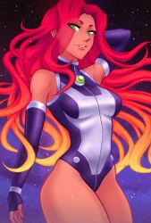 alien alien_girl dc dc_comics dcamu female green_eyes iahfy koriand'r leotard long_hair nonude orange_skin outer_space red_hair starfire super_suit teen_titans