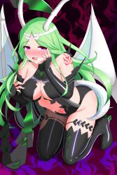 1girls alternate_costume alternate_version_available arm_tattoo ass asymmetrical_clothes asymmetrical_legwear big_ass black_panties blush breasts center_opening cleavage corruption cosplay dragon_girl dragon_wings elbow_gloves eploov female female_only fingerless_gloves fire_emblem fire_emblem:_three_houses gloves green_hair hand_on_own_face high_heels kronya_(fire_emblem)_(cosplay) large_breasts long_hair looking_at_viewer nintendo open_mouth panties pink_eyes pubic_tattoo revealing_clothes rhea_(fire_emblem) smile solo sweat tattoo thigh_boots very_long_hair wings