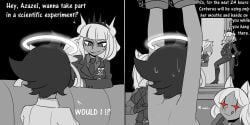 5girls animal_ears azazel_(helltaker) cerberus_(helltaker) comic dialogue dog_ears haaru halo helltaker imminent_rape lucifer_(helltaker) monochrome text tied_up yuri