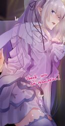 blurry blurry_foreground commission detached_sleeves dress elf emilia_(re:zero) female from_below groping highres long_hair pointy_ears pussy_juice pussy_juice_trail re:zero_kara_hajimeru_isekai_seikatsu saliva saliva_trail shishamo_(jrm7383) skeb_commission skirt solo thighhighs transparent_hand white_dress white_hair white_skirt