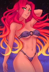 alien alien_girl bikini dc dc_comics dcamu female green_eyes iahfy koriand'r leotard long_hair orange_skin outer_space red_hair starfire teen_titans