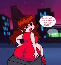 ass ass_shake bangs boombox boyfriend_(friday_night_funkin) brown_hair bubble_butt comic dialogue edit edited female female_only friday_night_funkin girlfriend_(friday_night_funkin) red_dress s_elbeej sharp_teeth shortstack teasing text thick_ass thick_thighs