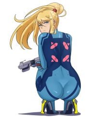 1girls ass blonde_hair bodysuit crouching heels high_heels long_hair looking_back metroid nintendo ponytail samus_aran solo squatting zero_suit zero_suit_samus zeromomentai