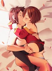 1boy 1girls ass ass_grab bed_sheet brown_hair closed_eyes clothed_female_nude_male commission cute embrace french_kiss hugging kissing kono_subarashii_sekai_ni_shukufuku_wo! making_out megumin najucaju_naju panties passionate penis romantic satou_kazuma shirt short_hair small_breasts thigh_grab thighhighs wholesome