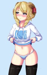 blonde_hair blue_eyes blush blush female jakkuba_vr lifting_shirt panties ram ram_horns shimapan showing_panties stockings thighs vrchat white_shirt