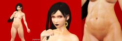 1girls 3d 3d_(artwork) abdomen abs angry belly_button big_thighs black_hair derangedgod final_fantasy final_fantasy_vii final_fantasy_vii_remake fist goth_girl looking_at_viewer markings naked red_background red_eyes shaved_pussy six_pack solo thighs tifa_lockhart xnalara