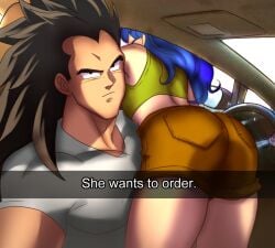 1boy 1girls artist_request ass ass_focus big_ass clothing dragon_ball dragon_ball_r&r dragon_ball_z female female_focus good_launch he_wants_to_order launch light-skinned_female meme raditz selfie shorts snapchat