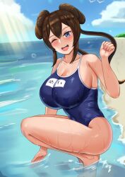 1girls 2022 blue_eyes blush breasts brown_hair competition_swimsuit female female_only hips huge_breasts large_breasts light-skinned_female light_skin long_hair nintendo one-piece_swimsuit pleia_desu pokemon pokemon_bw2 rosa_(pokemon) slim_waist swimsuit thick_thighs thighs twin_buns twintails water wide_hips