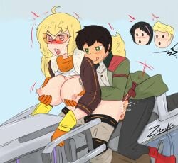 2boys 2girls ahoge ambiguous_penetration blonde_hair brown_hair cum cum_inside dark-skinned_male female grabbing_breasts green_eyes hoverbike interracial jaune_arc lavender_eyes lie_ren male oscar_pine rwby sex_from_behind yang_xiao_long zronku