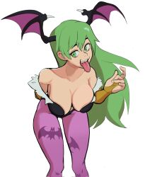 1girls 2022 animal_print arm_behind_back bags_under_eyes bat_print bat_wings bent_over breasts capcom clothing darkstalkers female female_only gauntlets green_eyes green_hair head_wings hi_res large_breasts leotard long_hair looking_at_viewer milkmountain morrigan_aensland open_mouth pantyhose print_pantyhose purple_pantyhose smiling smiling_at_viewer solo succubus tongue_out white_background