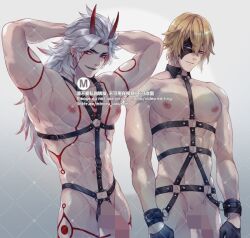 2boys abs arataki_itto big_chest bondage censored_penis cock_ring cuff_(restraint) dainsleif_(genshin_impact) garter_straps genshin_impact gloves half_mask long_hair looking_at_viewer male minoru_uwutemp nipple_piercing penis straps tattoo yaoi