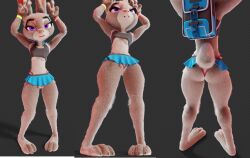 3_toes 3d 3d_(artwork) 4_fingers anthro ass backpack bottomwear breasts clothing digital_media_(artwork) disney eyebrows eyelashes feet female fingers fur genitals gesture hi_res judy_hopps lagomorph leporid looking_at_viewer mammal miniskirt multicolored_body open_mouth panties pochemu purple_eyes pussy rabbit rear_view shirt simple_background skirt small_breasts solo tank_top thong tight_clothing toes topwear two_tone_body underwear v_sign wristband zootopia