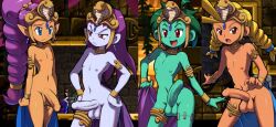 4boys alternate_costume androgynous bulge crown dancer_outfit edit erection femboy feminine_male genderswap_(ftm) girly green_hair green_skin group long_hair male male_only multiple_boys nekuzx nipples penis purple_hair risky_boots rottytops rule_63 shantae shantae_(character) shirtless sky_(shantae) topless trap