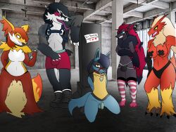 anthro arms_tied athletic blaziken bondage boots bound candle chastity_cage chastity_device clothing delphox female footwear generation_3_pokemon generation_4_pokemon generation_5_pokemon generation_6_pokemon generation_8_pokemon girly group harness hi_res imminent_sex jockstrap legwear lucario male muzzle_(object) muzzled nintendo obstagoon pasties pending pokemon pokemon_(species) public public_use rhode_(rhode_arts) rhode_arts slightly_chubby stockings underwear video_games zoroark