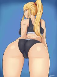 1girls ass blonde_hair female long_hair looking_back metroid nintendo panties ponytail samus_aran solo sports_bra underwear zeromomentai