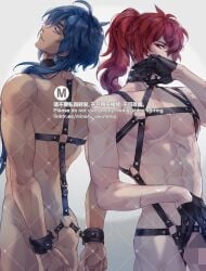 2boys abs big_chest blue_eyes blue_hair bondage bondage_harness censored collar covering_own_mouth cuff_(restraint) diluc_(genshin_impact) garter_straps genshin_impact gloves hands_behind_back harness kaeya_(genshin_impact) looking_at_viewer male_only minoru_uwutemp muscular_male red_eyes red_hair straps sworn_brothers watermark yaoi