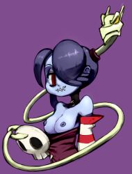 1girls bare_shoulders blue_skin breasts dress_pull leviathan_(skullgirls) nipples null_skull purple_hair skullgirls soubriquetrouge squigly tagme undead