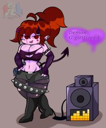 1girls alternate_version_at_source background belt big_breasts blush character_name collar demon_girl demon_horns demon_tail earring female female_only friday_night_funkin girlfriend_(friday_night_funkin) goth_girl gothic_girlfriend high_heels long_hair looking_at_viewer microphone mittens nail_polish nipples p.legacy_fnf pantyhose ponytail powerblueflower purple_skin pussy_visible_through_clothes signature speaker spiked_collar thick_thighs