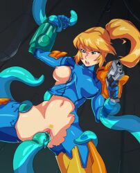 armor blonde_hair broken_armor female female_focus female_penetrated medium_breasts metroid nintendo one_breast_out pistol ponytail pussy questionable_consent restrained samus_aran soapy_(artist) teal_tentacles tentacle tentacle_sex tentacles_on_female torn_clothes vaginal_penetration varia_suit zero_suit zero_suit_samus