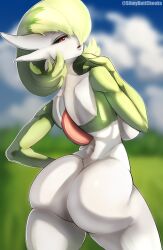 1girls anthro ass bedroom_eyes bubble_butt gardevoir hair_over_one_eye looking_back nintendo pokemon pokemon_(species) slimybc solo thick_thighs