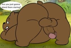 anthro ass belly big_belly big_butt brown_bear brown_body brown_fur camp14 cartoon_network chubby_anthro chubby_male dialogue forest fur genitals grizzly_(wbb) grizzly_bear hi_res jack-o'_pose looking_at_viewer looking_back looking_back_at_viewer male male_only mammal outside penis plant pose presenting solo spread_legs spreading teasing tree ursid ursine we_bare_bears wiggle