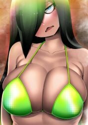 1girls artist_name artist_signature bags_under_eyes bangs bare_shoulders big_breasts bikini bikini_top black_hair blue_eyes blush blushing_at_viewer breasts cleavage close-up eye_bags eyebrows_visible_through_hair female_focus hair_covering_one_eye hair_over_one_eye hakkasame half-closed_eyes head_tilt high_resolution highres large_breasts lime_green long_bangs long_hair looking_at_viewer one_eye_covered open_mouth original raised_eyebrows solo solo_female steam sweat sweatdrop sweaty sweaty_breasts sweaty_face swimsuit swimsuit_top tired_eyes up_close upper_body voluptuous wavy_mouth wet_body wet_breasts wet_face wet_hair wet_skin yellow_bikini yellow_bikini_top yellow_swimsuit