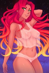 1girls alien alien_girl dc dc_comics dcamu female green_eyes iahfy koriand'r leotard long_hair nightgown orange_skin outer_space red_hair see-through_clothing solo starfire teen_titans