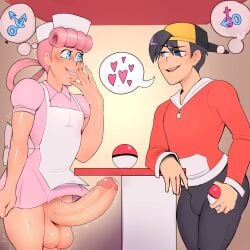 2boys blush crossdressing ethan_(pokemon) femboy feminine_male foreskin girly huge_cock hung_trap kiddeathx_(artist) male male_only nintendo nurse nurse_cap nurse_joy nurse_uniform pink_hair pokemon precum retracted_foreskin rule_63 trap twitch_lines