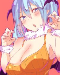 1girls 2d big_breasts blue_eyes blue_hair blurry blush blush_lines breasts cleavage color elf_ears eyebrows_visible_through_hair eyes_visible_through_hair female female_only halloween hatsune_miku kusoyuridanchi light-skinned_female light_skin open_mouth pink_background simple_background solo vocaloid