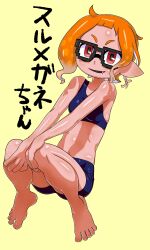 anemoneno1_(splatoon) animal_humanoid anthro barefoot cephalopod cephalopod_humanoid digital_drawing_(artwork) digital_media_(artwork) feet female female_only glasses humanoid inkling inkling_girl japanese_text mask_(marking) nintendo open_mouth orange_hair pixel_glasses pointy_ears pose pseudo_hair red_eyes shorts sitting_position smile splatoon splatoon_(series) splatoon_3 squid tank_top tentacle tentacle_hair text tight_clothing tight_shorts toes tsuwitchii84 video_games yellow_background