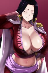 1girls 2022 black_hair boa_hancock breasts cafekun cleavage closed_eyes clothed clothed_female female female_only hips huge_breasts light-skinned_female light_skin long_hair one_piece slim_waist solo wide_hips