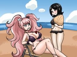 2022 2girls afimaki angry beach beach_background beach_chair beach_side big_breasts bikini bikini_bottom bikini_skirt bikini_top black_bikini black_bikini_bottom black_bikini_top black_hair blonde_hair blue_eyes blush blush_lines blushing bow breasts cleavage cloud clouds cloudy_sky danganronpa danganronpa:_trigger_happy_havoc danganronpa_1 danganronpa_s:_ultimate_summer_camp fan female_only gray_eyes grey_eyes gyaru hair_ornament hand_fan junko_enoshima large_breasts long_hair long_hair_female medium_hair mukuro_ikusaba nipple_bulge nipples nipples_visible_through_clothing pink_hair red_bow sand sea seaside sky smooth_skin