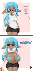 1girls big_breasts blue_hair breasts_out dark-skinned_female dark_skin dialogue female humanoid inkling inkling_girl mrn00b0d1 nintendo presenting presenting_breasts shortstack speech_bubble splatoon splatoon_3 tagme text