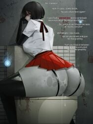 1girls ass ass_focus back_view blush clothing datsuma69 dialogue female female_only femdom fully_clothed ghost ghost_girl gigantic_ass hanako-san huge_ass sitting solo solo_female talking_to_viewer text thick_thighs thighhighs toilet