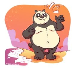 2022 4_fingers absurd_res anthro balls bayou_beaver beach belly big_belly black_body black_nose blush detailed_background dreamworks fingers genitals giant_panda hi_res humanoid_hands kung_fu_panda male mammal master_po_ping moobs navel outside overweight overweight_male penis seaside solo_male ursid water white_body