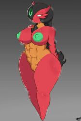 2022 abs absurd_res alternate_color areola bedroom_eyes big_areola big_breasts black_hair breasts cosplay_gardevoir female gardevoir generation_3_pokemon genitals hair hi_res huge_areola huge_nipples humanoid looking_at_viewer muscular muscular_female narrowed_eyes navel nintendo no_humans non-human_areolae nude pokemon pokemon_(species) pussy red_body seductive shinnycoyote simple_background smile smiling_at_viewer solo thick_thighs video_games wide_hips