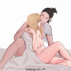 1boy1girl after_sex alternate_hairstyle bed black_hair blonde_hair breasts canon_couple couple eye_contact faceless_female hair_bun hair_down long_hair looking_at_another looking_at_each_other looking_at_partner loose_hair male/female naked nara_shikamaru naruto naruto_(series) naruto_shippuden nipples on_bed sitting sitting_on_bed sna9_104 straight temari under_covers