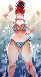 1girls 2022 against_glass bikini blue_eyes breasts female female_only hips huge_breasts kenron_toqueen long_hair original original_character red_hair slim_waist smile soap thick_thighs thighs tied_hair tomatita wet wet_body wide_hips