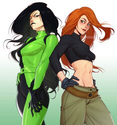 2girls athletic_female black_hair breasts brunette clothing digital_media_(artwork) disney disney_channel eyebrows eyelashes female female_only green_eyes heroine hips human kim_possible kimberly_ann_possible legs light-skinned_female light_skin long_hair multiple_girls red_hair shego small_breasts thighs valentinainat1 villain voluptuous