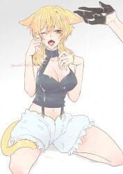 1girls after_blowjob after_fellatio after_oral animal_ears animal_tail blonde_female blonde_hair cat_ears cat_tail childe_(genshin_impact) cleavage covered_in_cum cum cum_in_mouth cum_on_body cum_on_breasts cum_on_face cum_on_hair cum_on_tongue dripping_cum female female_only genshin_impact glove lumine_(genshin_impact) mochihagi_gusu_(artist) open_mouth tartaglia_(genshin_impact) yellow_eyes