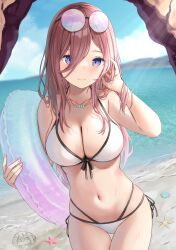 1girls akino_ell bare_arms bare_shoulders beach bikini blue_eyes breasts brown_hair cleavage closed_mouth collarbone day eyewear_on_head female front-tie_bikini front-tie_top go-toubun_no_hanayome hair_between_eyes halterneck hand_up highres innertube jewelry large_breasts light_rays long_hair looking_at_viewer multi-strapped_bikini nakano_miku navel necklace outdoors round_eyewear side-tie_bikini skindentation smile solo stomach string_bikini sunbeam sunglasses sunlight swimsuit thigh_gap thighs wet white_bikini