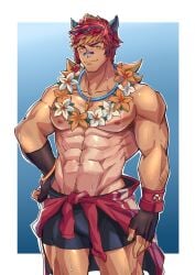 abs alternate_version_available animal_ears aussummer big_boy big_pecs blush body_hair fingerless_gloves gloves hand_on_hip happy_trail jacket_around_waist league_of_legends lei looking_at_viewer male male_only muscular muscular_male pecs ponytail pool_party_series pool_party_sett red_hair sett skin_tight smile smirk solo sunglasses_on_head sweat swimming_trunks swimwear tan_skin tanline tied_hair tight_clothing topless topless_male two_tone_hair whistle_around_neck