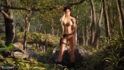 1girls 3d 720p barely_clothed belt big_breasts blender casual detailed_background female female_only footwear forest forest_background front_view full_body gloves handwear holster human jungle kassowit lara_croft lara_croft_(survivor) legwear looking_at_viewer naked_belt navel navel_piercing outdoors pale_skin solo tactical_nudity tomb_raider tomb_raider_(survivor) tree trees vagina video_games wallpaper