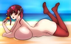 1girls ass beach breasts earrings eyewear eyewear_on_head female female_focus female_only heart-shaped_eyewear hololive hololive_fantasy hololive_japan houshou_marine huge_breasts ice_cream ice_cream_cone large_ass large_butt nuevii orange_eyes outdoors outside public public_nudity red_hair solo solo_female solo_focus thighhighs twintails virtual_youtuber