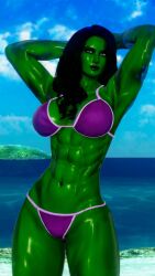 1girls 3d 3d_(artwork) abs armpits arms_behind_head beach big_breasts bikini black_hair clothed doom4rus female female_only green-skinned_female green_skin hulk_(series) large_breasts marvel marvel_comics muscular_female she-hulk solo solo_female thick_thighs toned toned_female