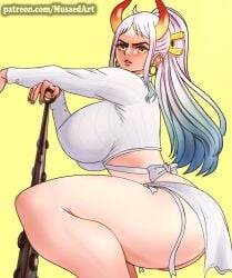 1girls ass big_ass big_breasts big_butt blue_hair breasts brown_eyes clothed clothing club_(weapon) curvy ear_piercing earrings evolved_virgin_killer_sweater eye_contact female female_focus female_only gradient_hair hi_res highres hoop_earrings horned_humanoid horns huge_breasts humanoid kanabou light-skinned_female light_skin long_hair looking_at_viewer multicolored_hair musaed_art one_piece oni oni_horns ponytail revealing_clothes simple_background solo solo_female squatting thick_thighs two_tone_hair voluptuous white_hair wide_hips yamato_(one_piece) yellow_eyes youkai