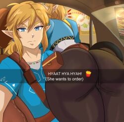 1boy 1girls 2022 ass ass_focus ass_shot back back_view bending_over blonde_hair blue_eyes breath_of_the_wild bubble_butt cameltoe car clothed_female clothed_male female funny hartman_hips he_wants_to_order hips huge_ass humanoid hylian karbuitt link link_(breath_of_the_wild) male meme nintendo pale_skin princess_zelda slim_waist snapchat tears_of_the_kingdom text the_legend_of_zelda thick_thighs thighs video_game video_game_character video_games wide_hips zelda_(tears_of_the_kingdom)